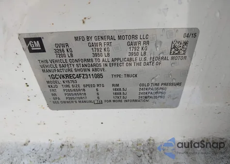 2015 Chevrolet Silverado 1500 1Lt from USA, damaged, VIN 1GCVKREC4FZ311085